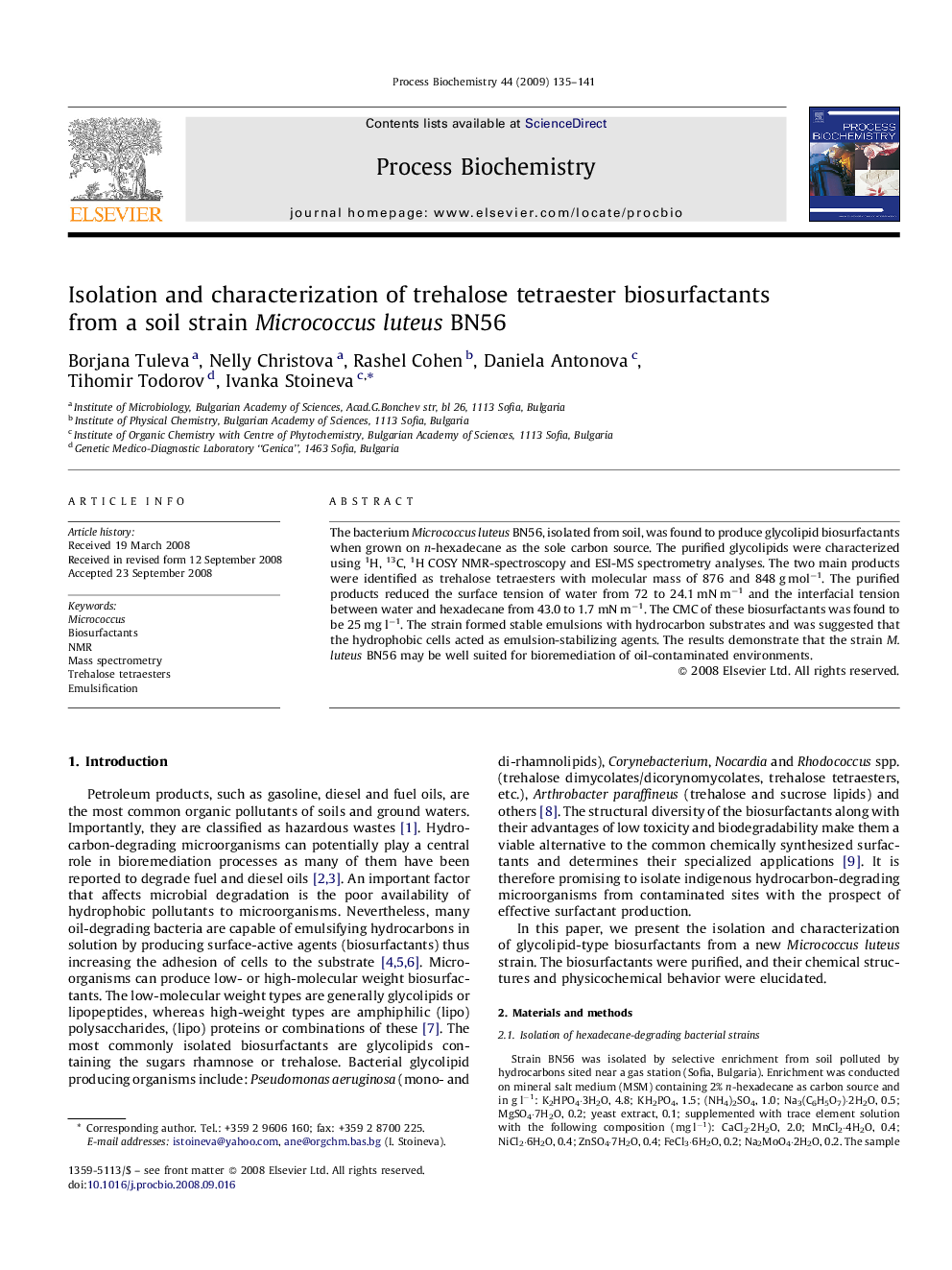 Isolation and characterization of trehalose tetraester biosurfactants from a soil strain Micrococcus luteus BN56