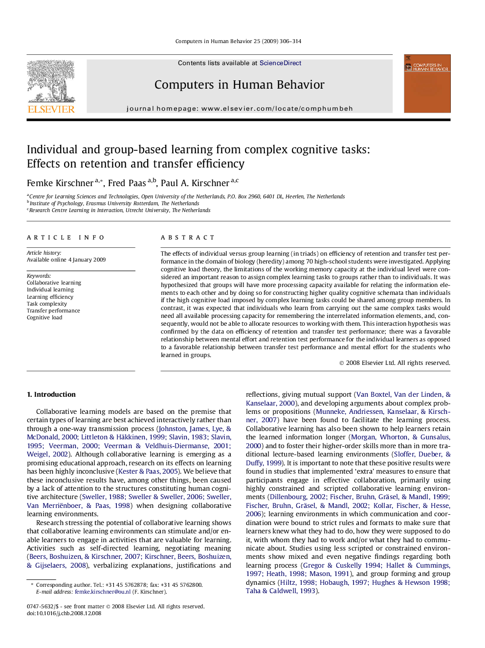 Individual and group-based learning from complex cognitive tasks: Effects on retention and transfer efficiency