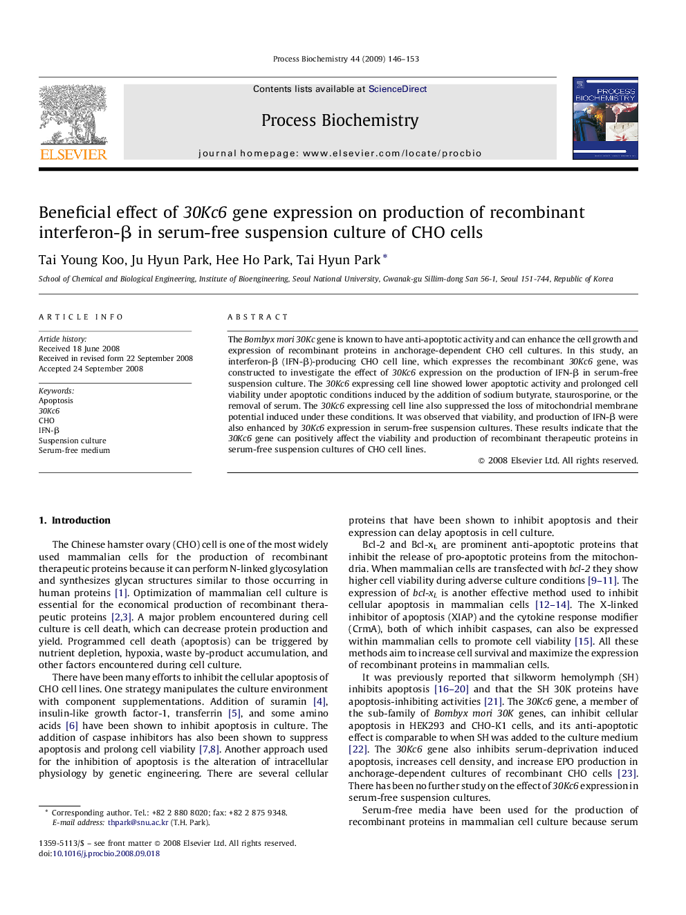 Beneficial effect of 30Kc6 gene expression on production of recombinant interferon-β in serum-free suspension culture of CHO cells