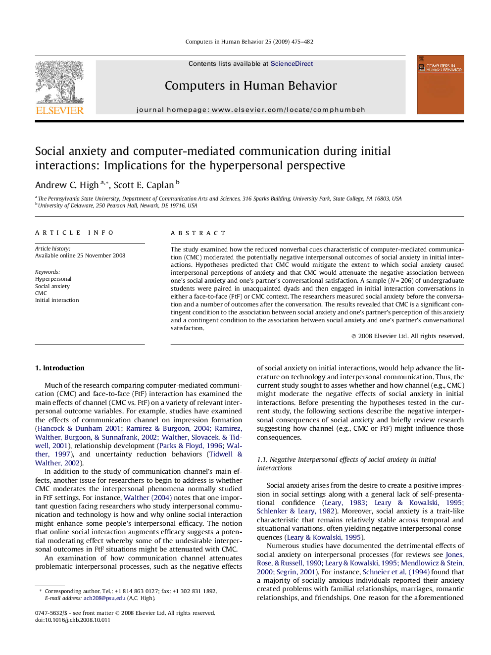 Social anxiety and computer-mediated communication during initial interactions: Implications for the hyperpersonal perspective