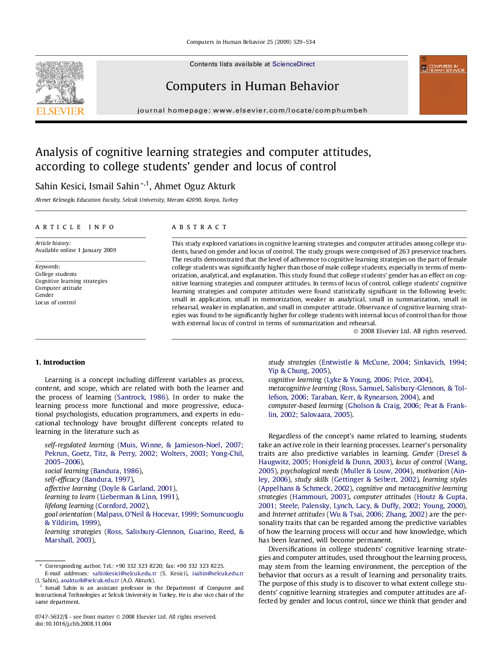 Analysis of cognitive learning strategies and computer attitudes, according to college students’ gender and locus of control