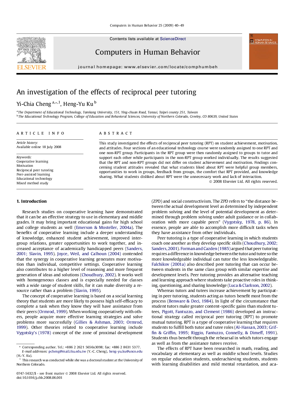 An investigation of the effects of reciprocal peer tutoring