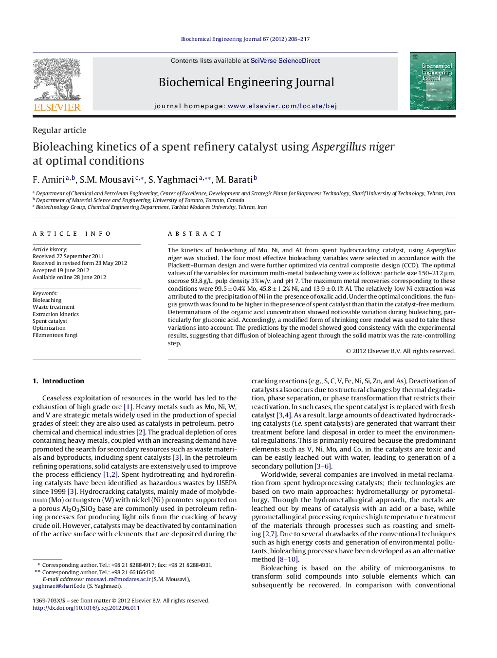 Bioleaching kinetics of a spent refinery catalyst using Aspergillus niger at optimal conditions