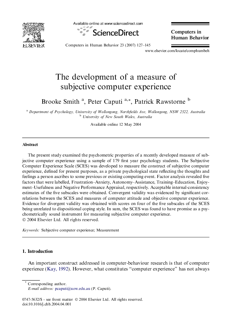 The development of a measure of subjective computer experience