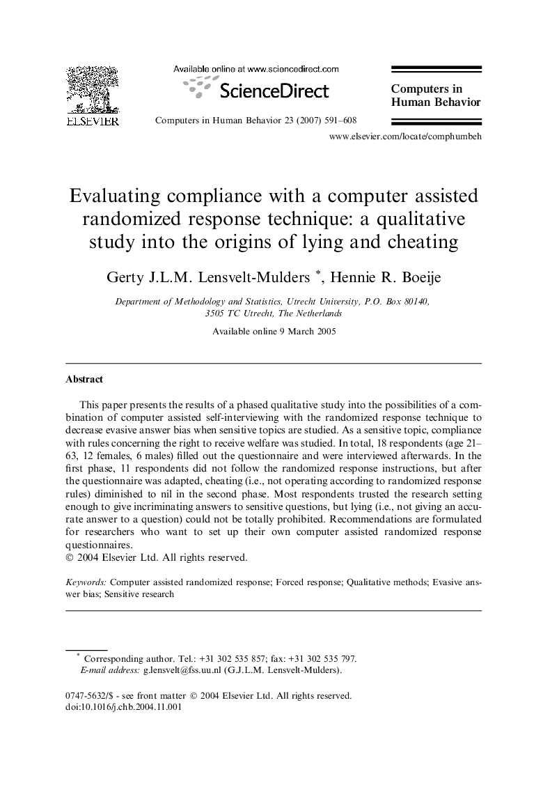 Evaluating compliance with a computer assisted randomized response technique: a qualitative study into the origins of lying and cheating