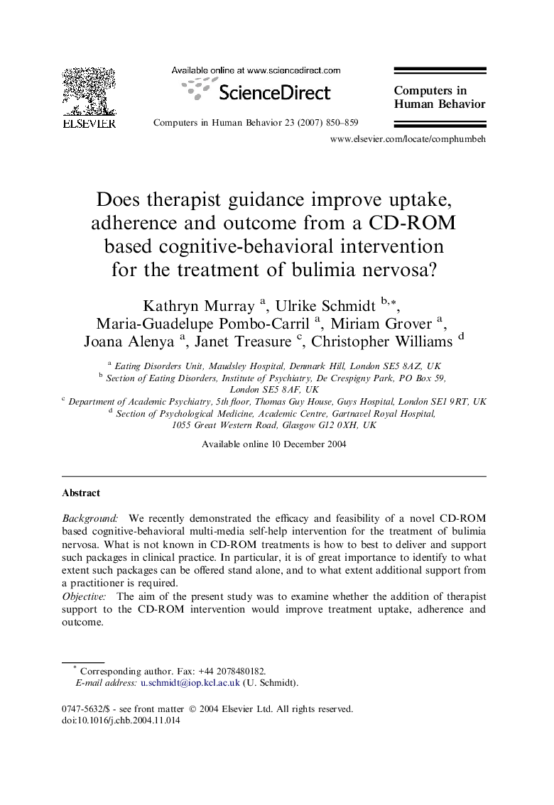 Does therapist guidance improve uptake, adherence and outcome from a CD-ROM based cognitive-behavioral intervention for the treatment of bulimia nervosa?