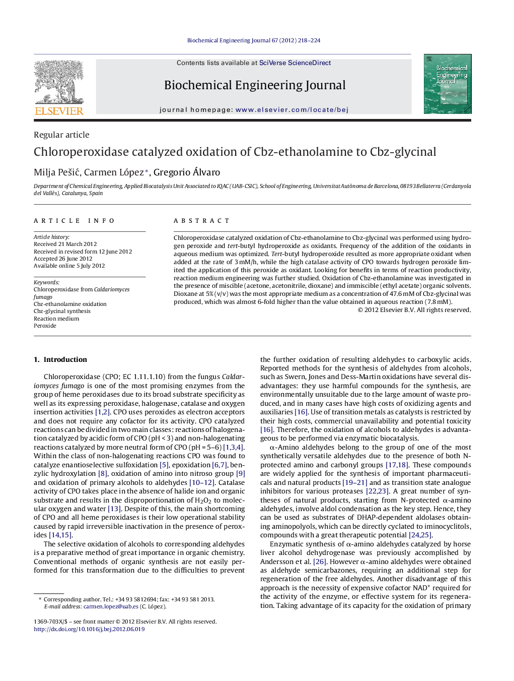 Chloroperoxidase catalyzed oxidation of Cbz-ethanolamine to Cbz-glycinal