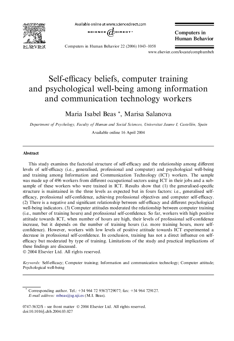 Self-efficacy beliefs, computer training and psychological well-being among information and communication technology workers