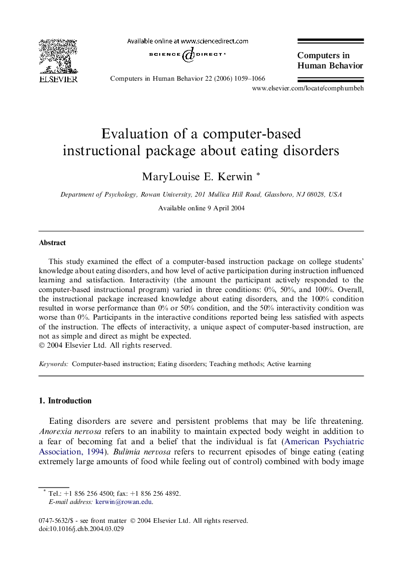 Evaluation of a computer-based instructional package about eating disorders