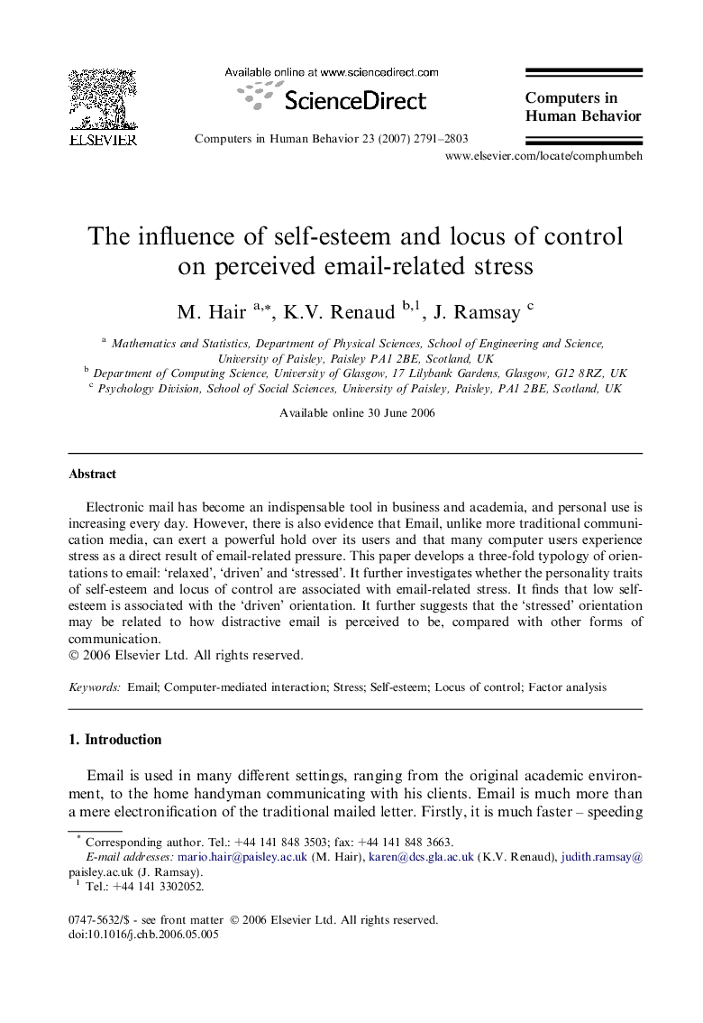 The influence of self-esteem and locus of control on perceived email-related stress