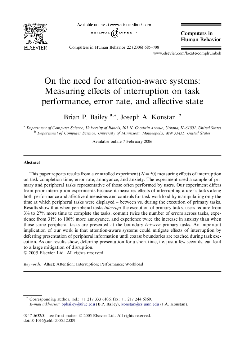 On the need for attention-aware systems: Measuring effects of interruption on task performance, error rate, and affective state