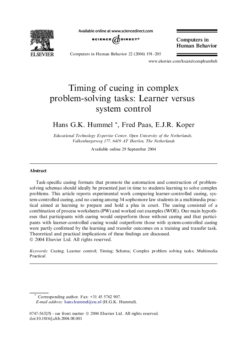 Timing of cueing in complex problem-solving tasks: Learner versus system control