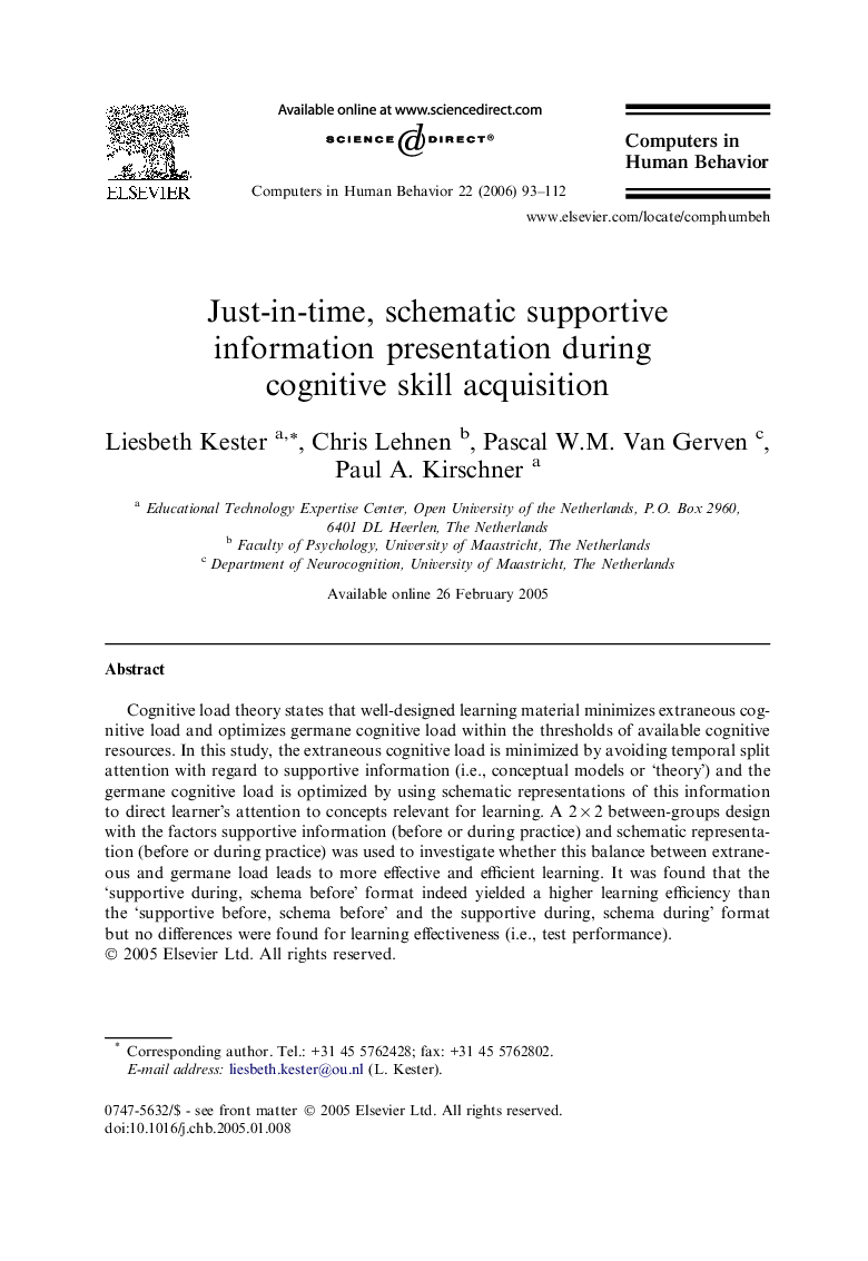 Just-in-time, schematic supportive information presentation during cognitive skill acquisition