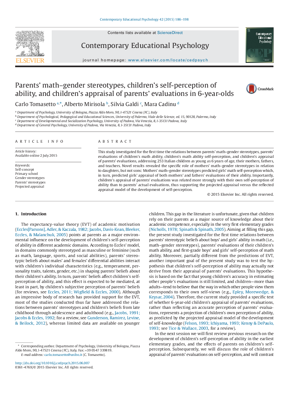 Parents' math–gender stereotypes, children's self-perception of ability, and children's appraisal of parents' evaluations in 6-year-olds