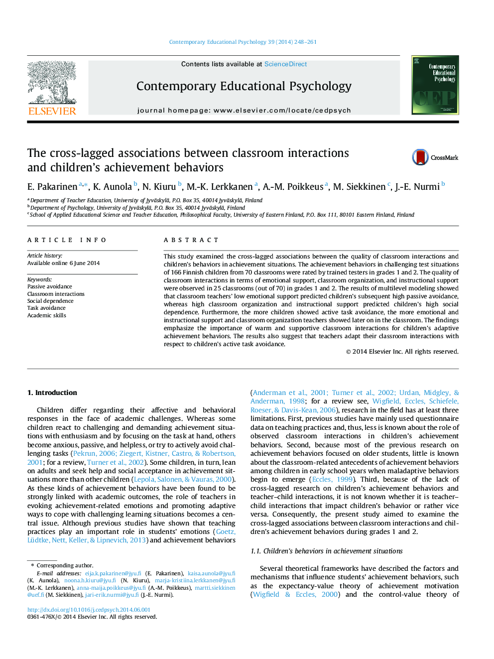 The cross-lagged associations between classroom interactions and children’s achievement behaviors