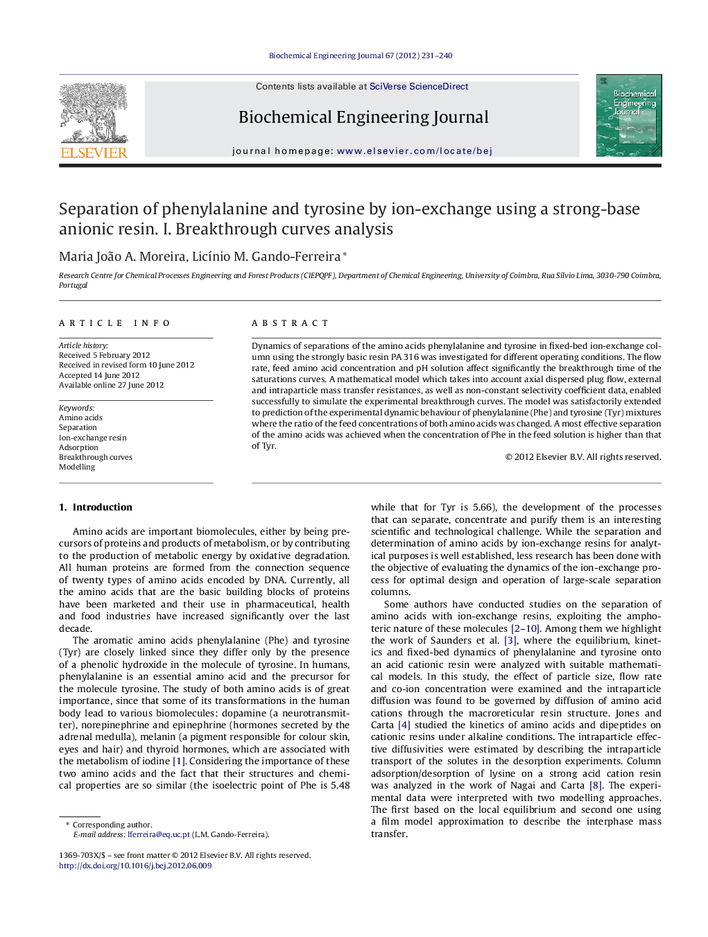 Separation of phenylalanine and tyrosine by ion-exchange using a strong-base anionic resin. I. Breakthrough curves analysis