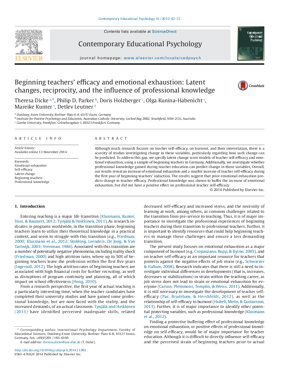 Beginning teachers' efficacy and emotional exhaustion: Latent changes, reciprocity, and the influence of professional knowledge