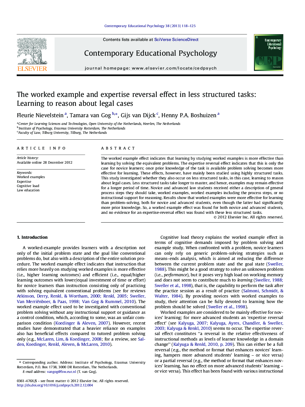 The worked example and expertise reversal effect in less structured tasks: Learning to reason about legal cases