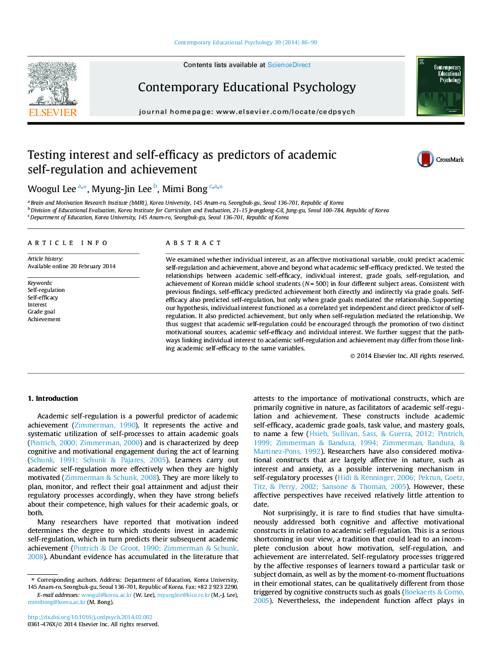 Testing interest and self-efficacy as predictors of academic self-regulation and achievement