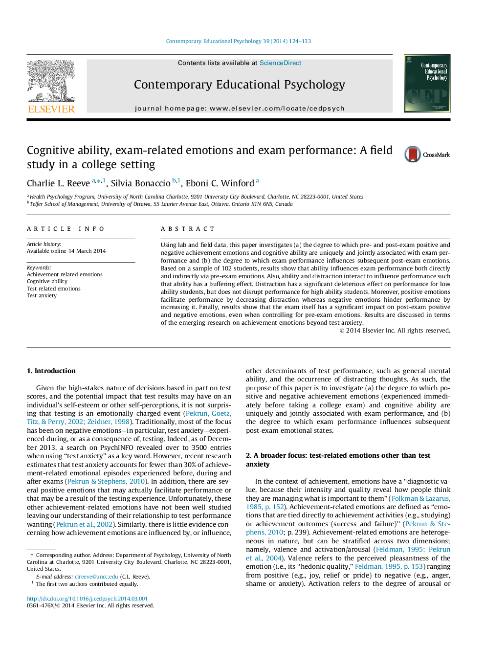 Cognitive ability, exam-related emotions and exam performance: A field study in a college setting