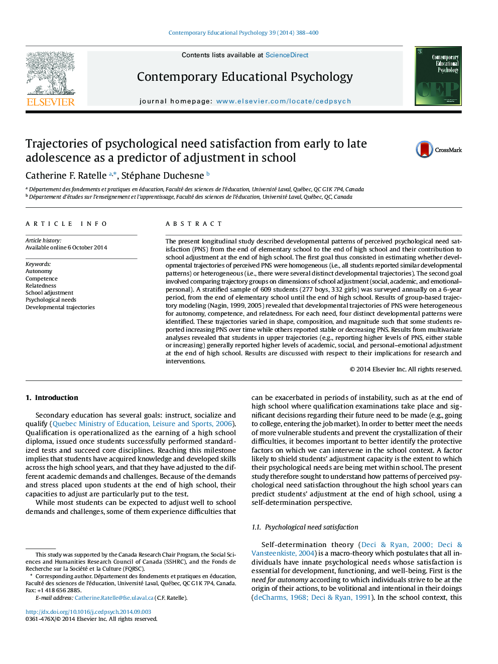 Trajectories of psychological need satisfaction from early to late adolescence as a predictor of adjustment in school 