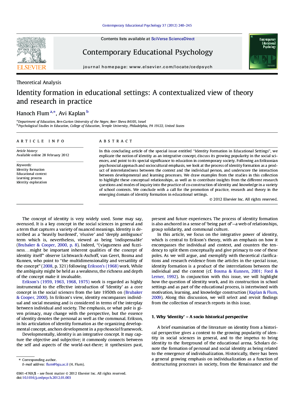 Identity formation in educational settings: A contextualized view of theory and research in practice