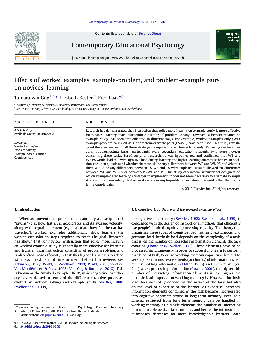 Effects of worked examples, example-problem, and problem-example pairs on novices’ learning