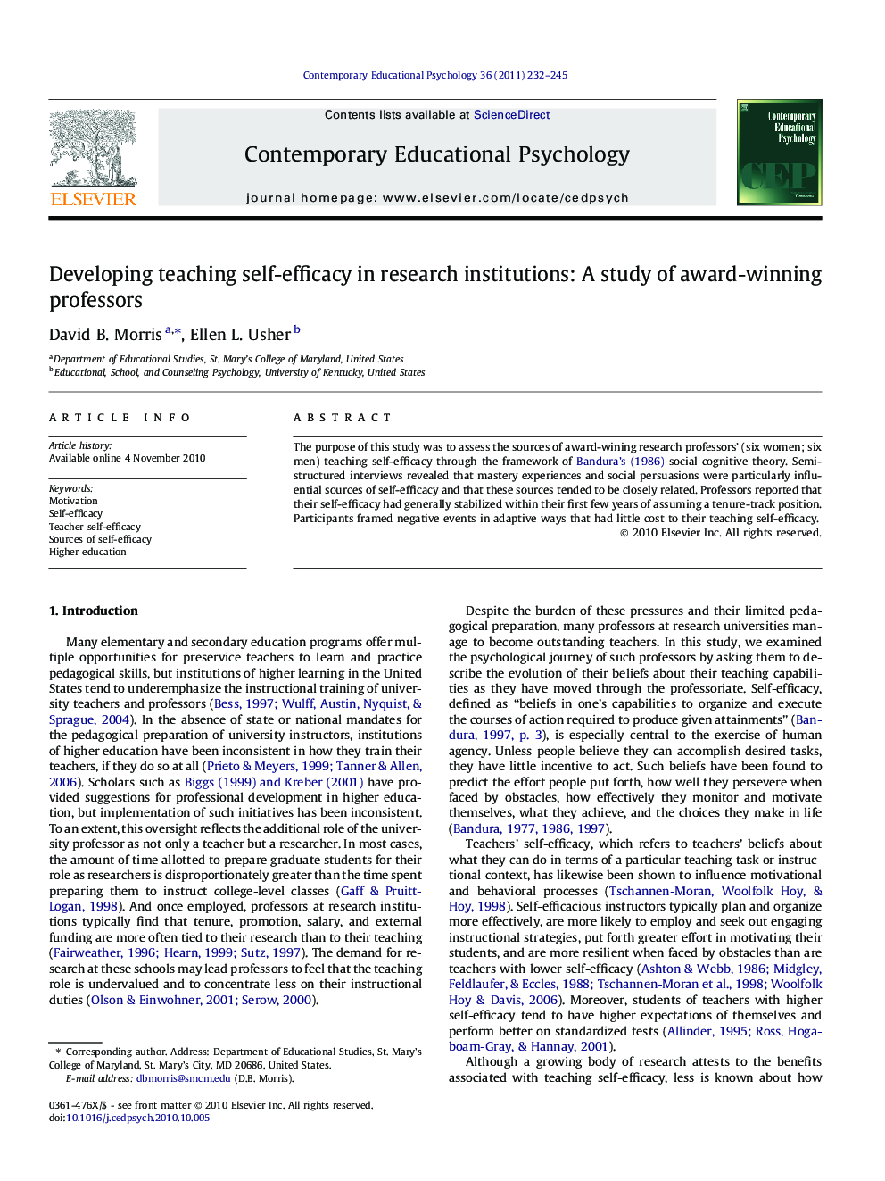 Developing teaching self-efficacy in research institutions: A study of award-winning professors