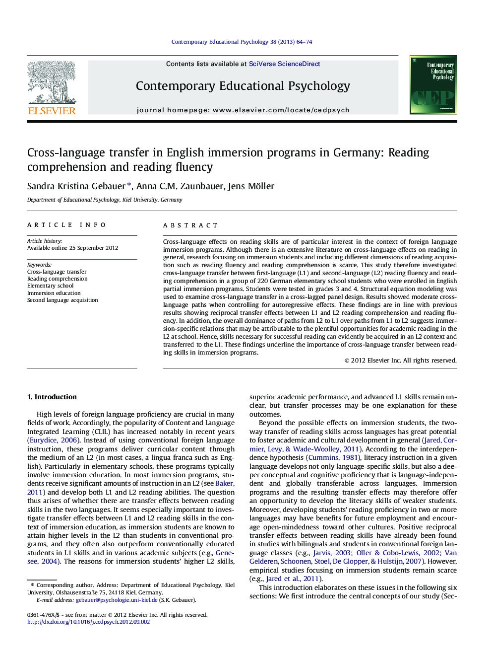 Cross-language transfer in English immersion programs in Germany: Reading comprehension and reading fluency