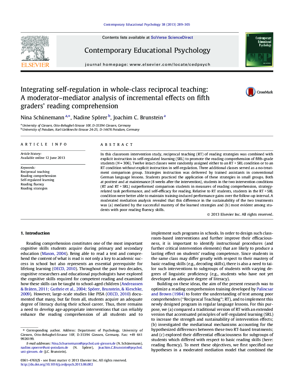 عکس صفحه اول مقاله: Integrating self-regulation in whole-class reciprocal teaching: A moderator–mediator analysis of incremental effects on fifth graders’ reading comprehension Integrating self-regulation in whole-class reciprocal teaching: A moderator–mediator analysis of incremental effects on fifth graders’ reading comprehension