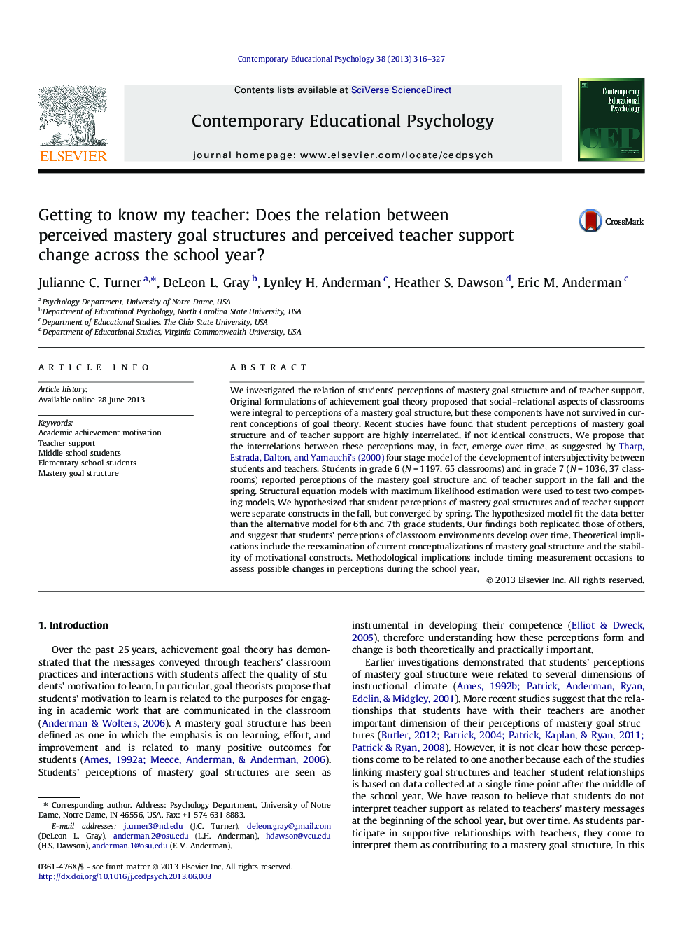 Getting to know my teacher: Does the relation between perceived mastery goal structures and perceived teacher support change across the school year?