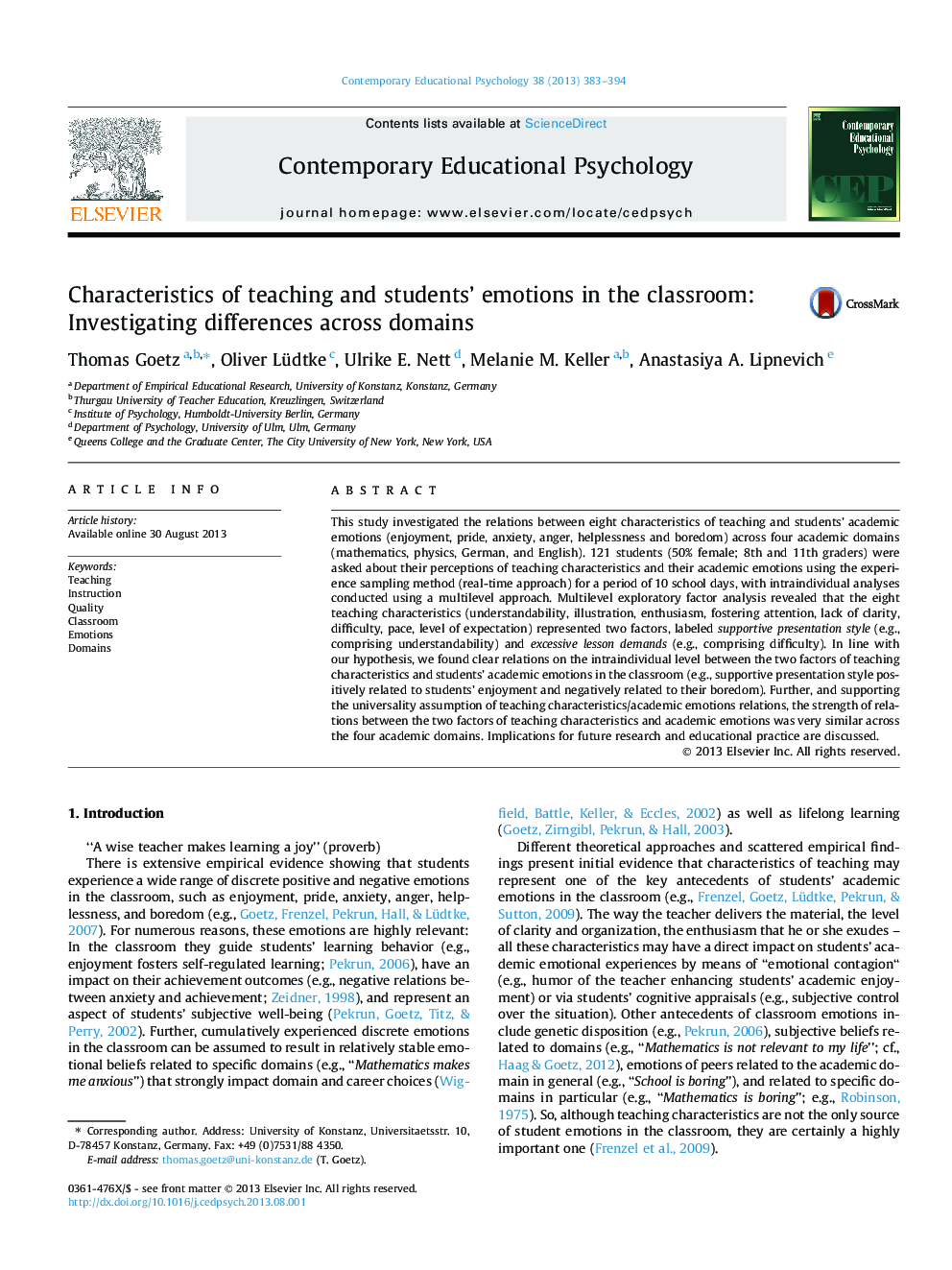 Characteristics of teaching and students’ emotions in the classroom: Investigating differences across domains