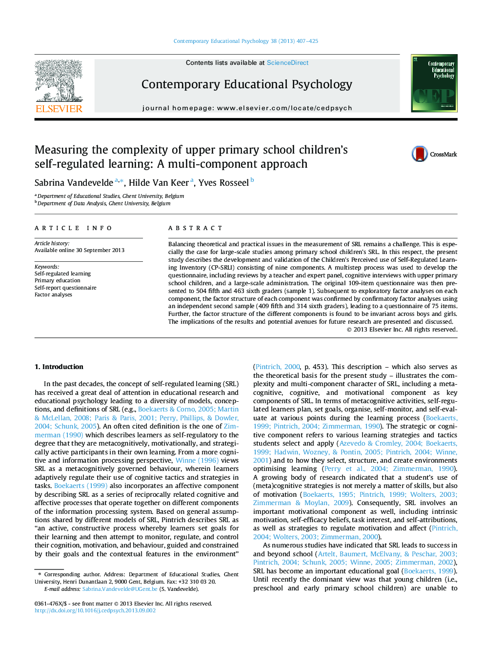 Measuring the complexity of upper primary school children’s self-regulated learning: A multi-component approach