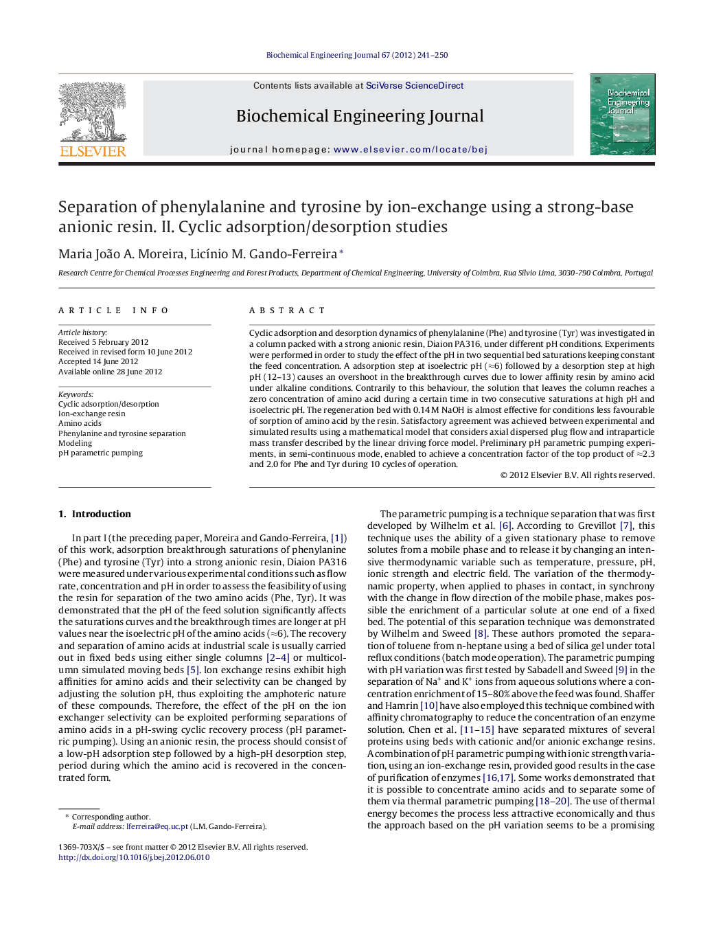 Separation of phenylalanine and tyrosine by ion-exchange using a strong-base anionic resin. II. Cyclic adsorption/desorption studies