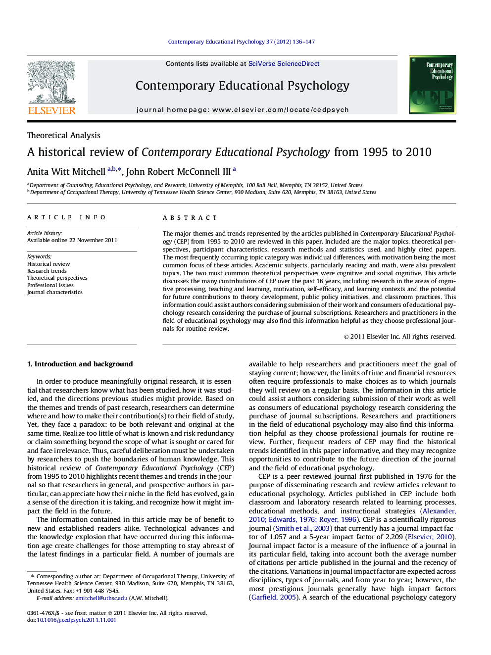 A historical review of Contemporary Educational Psychology from 1995 to 2010