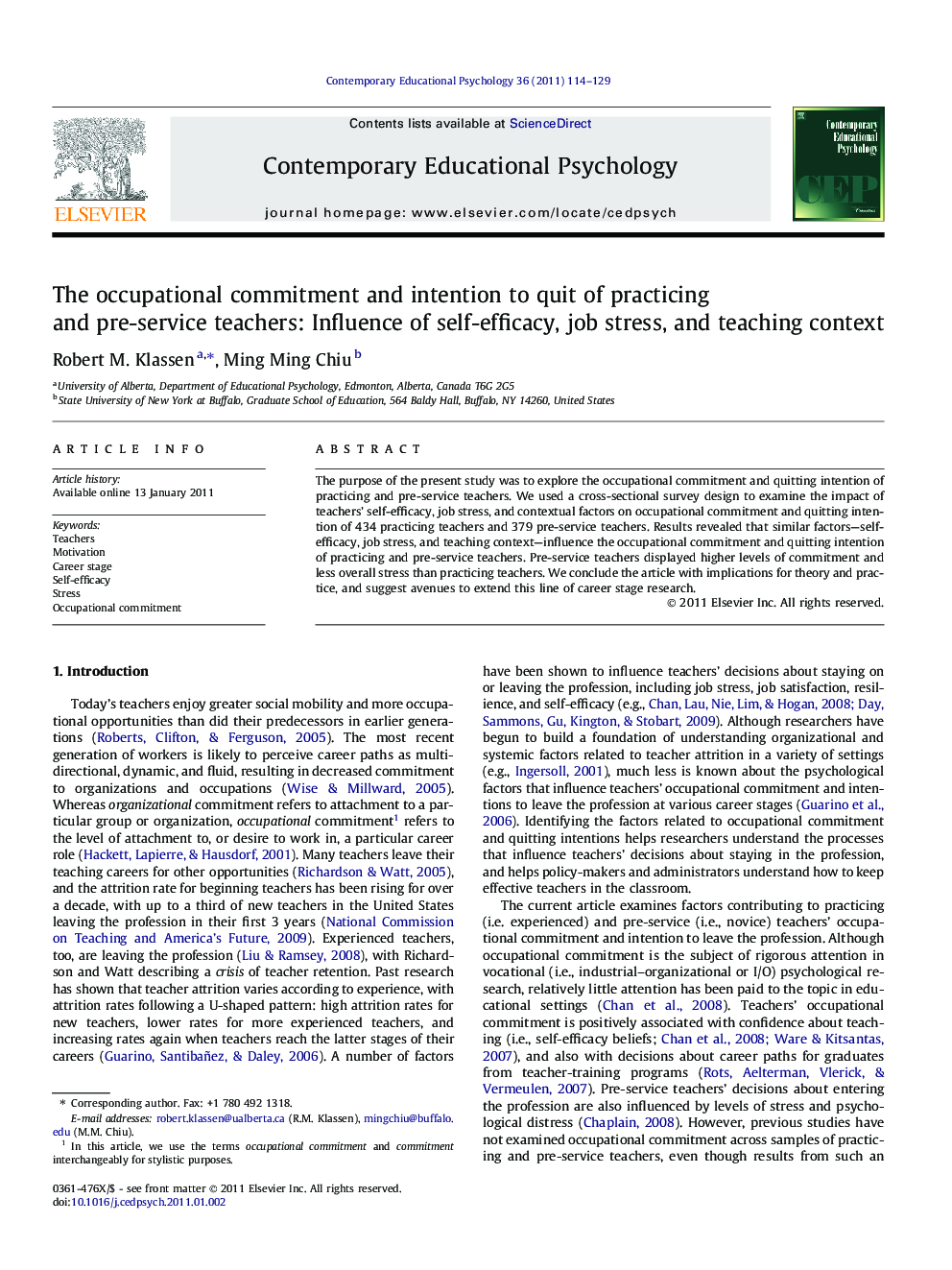 The occupational commitment and intention to quit of practicing and pre-service teachers: Influence of self-efficacy, job stress, and teaching context