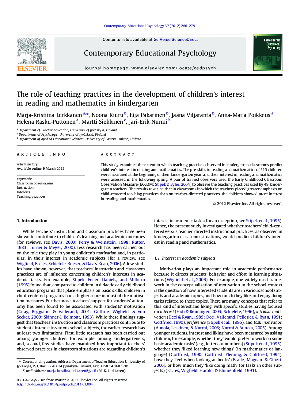 The role of teaching practices in the development of children’s interest in reading and mathematics in kindergarten