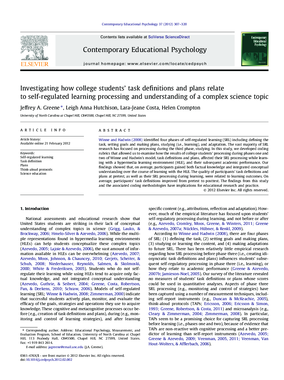 Investigating how college students’ task definitions and plans relate to self-regulated learning processing and understanding of a complex science topic