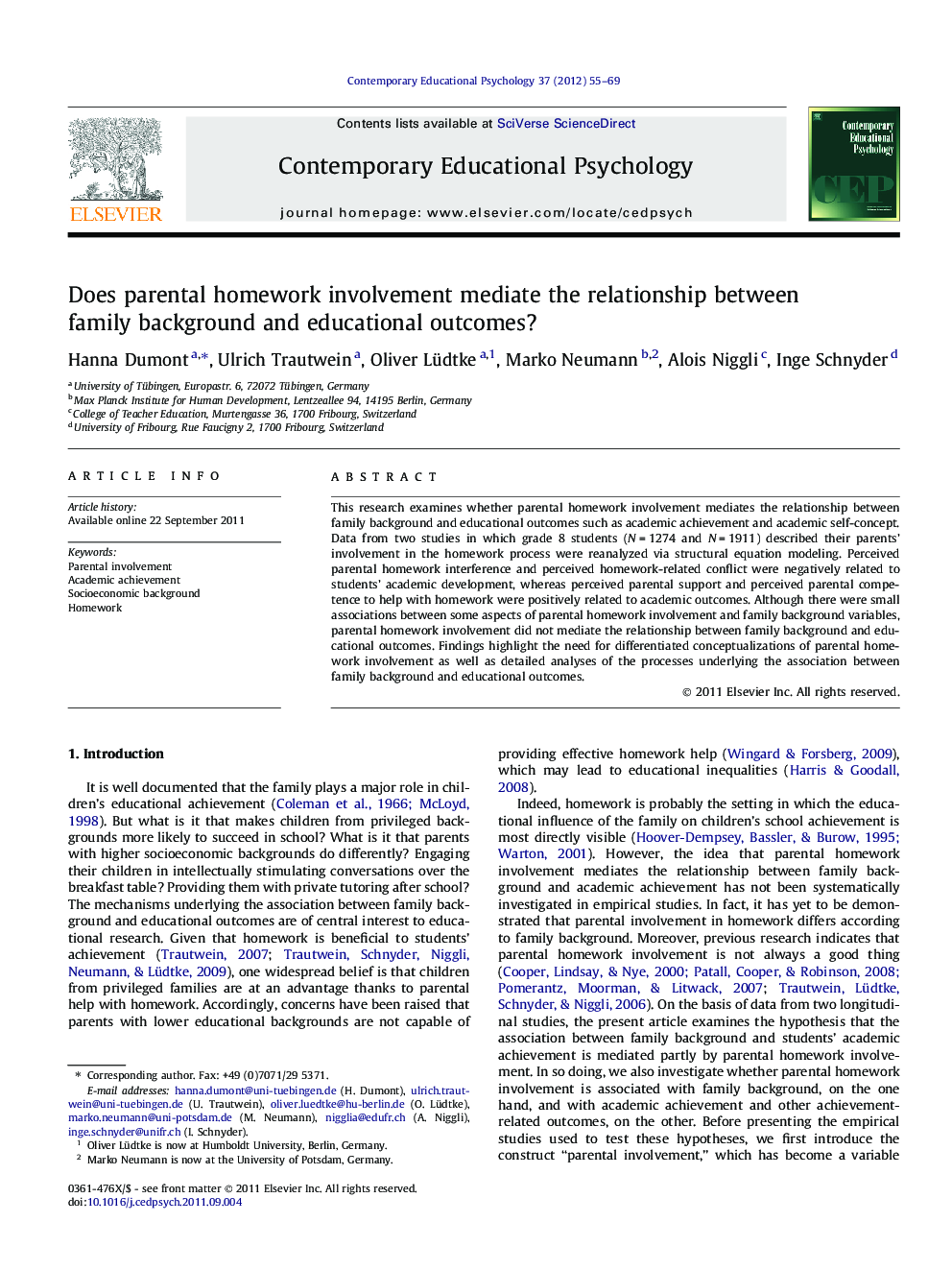 Does parental homework involvement mediate the relationship between family background and educational outcomes?