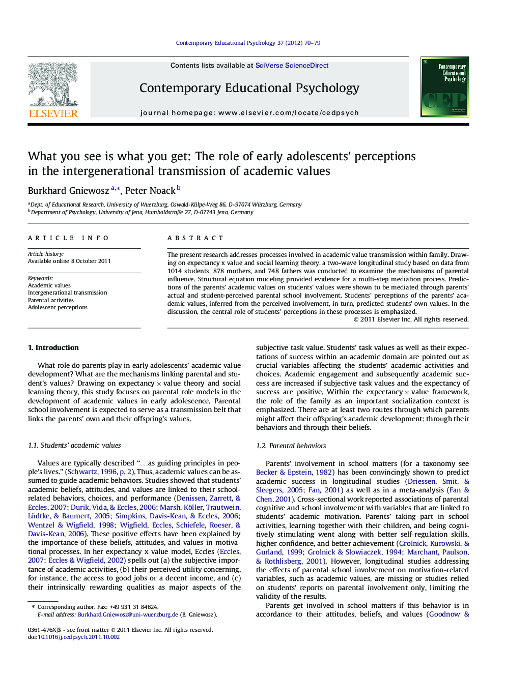 What you see is what you get: The role of early adolescents’ perceptions in the intergenerational transmission of academic values