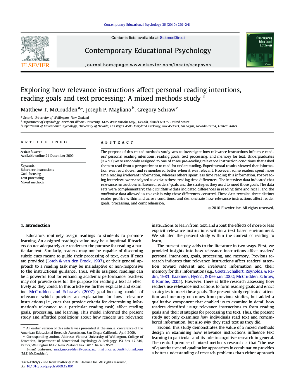 Exploring how relevance instructions affect personal reading intentions, reading goals and text processing: A mixed methods study 