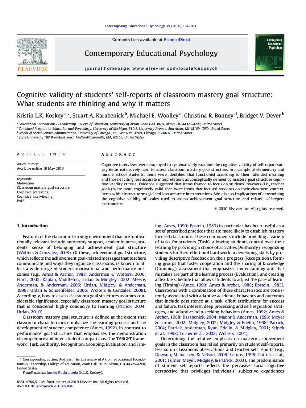 Cognitive validity of students’ self-reports of classroom mastery goal structure: What students are thinking and why it matters