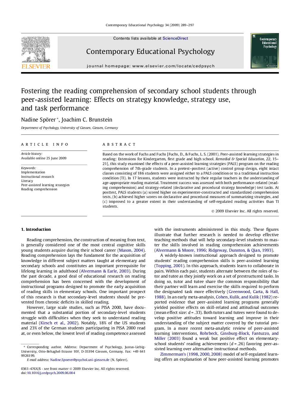 Fostering the reading comprehension of secondary school students through peer-assisted learning: Effects on strategy knowledge, strategy use, and task performance