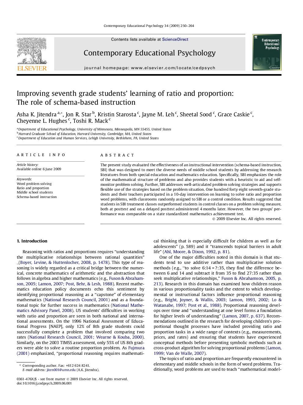 Improving seventh grade students’ learning of ratio and proportion: The role of schema-based instruction