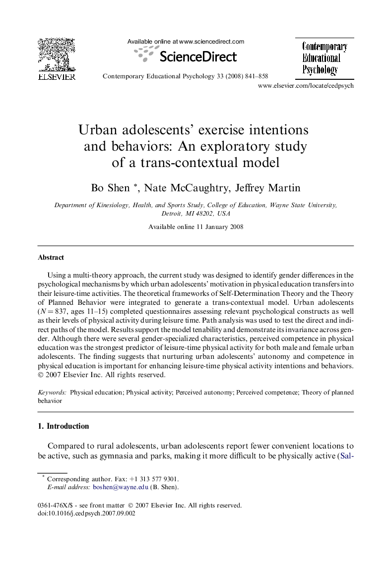 Urban adolescents’ exercise intentions and behaviors: An exploratory study of a trans-contextual model