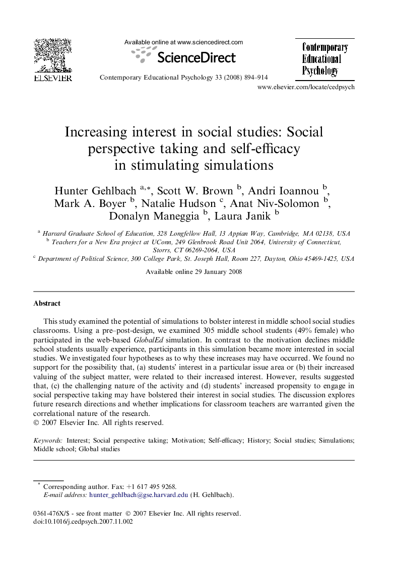 Increasing interest in social studies: Social perspective taking and self-efficacy in stimulating simulations