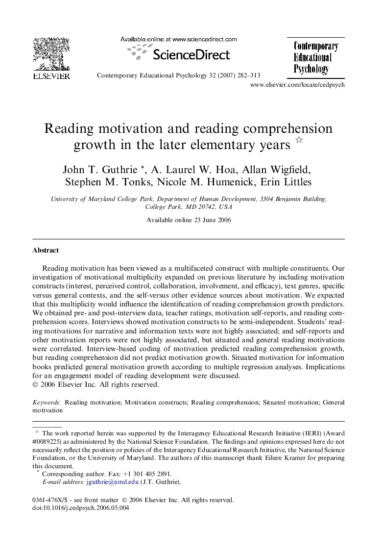 Reading motivation and reading comprehension growth in the later elementary years 