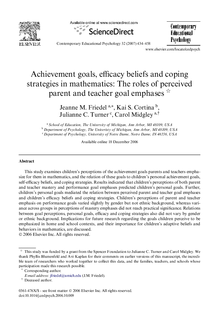 Achievement goals, efficacy beliefs and coping strategies in mathematics: The roles of perceived parent and teacher goal emphases 