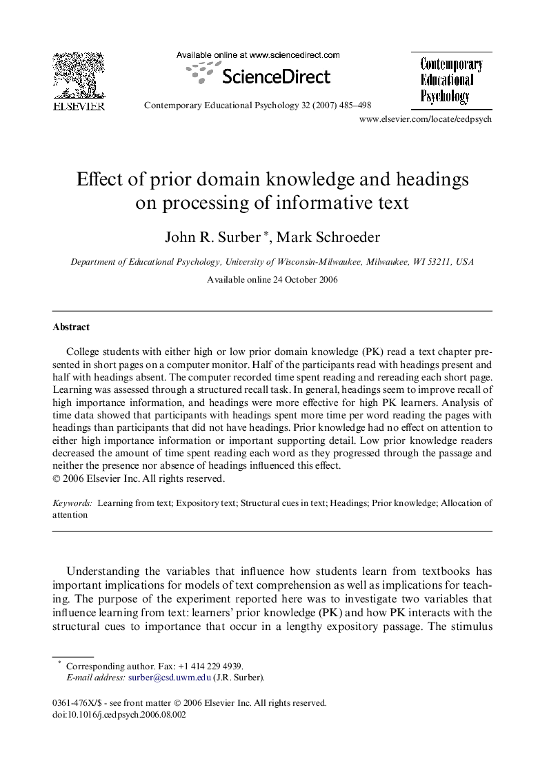 Effect of prior domain knowledge and headings on processing of informative text