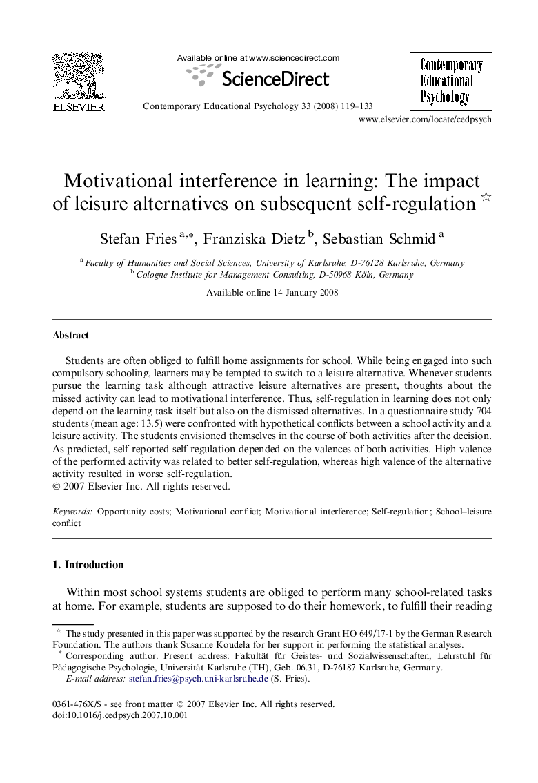 Motivational interference in learning: The impact of leisure alternatives on subsequent self-regulation 